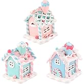 3Pcs Pastel Gingerbread House Ornaments for Christmas Tree Decorations Lighted LED Macaron Color Clay Hanging Candy House Ornament with Rope for Xmas Holiday Party Home Decoration