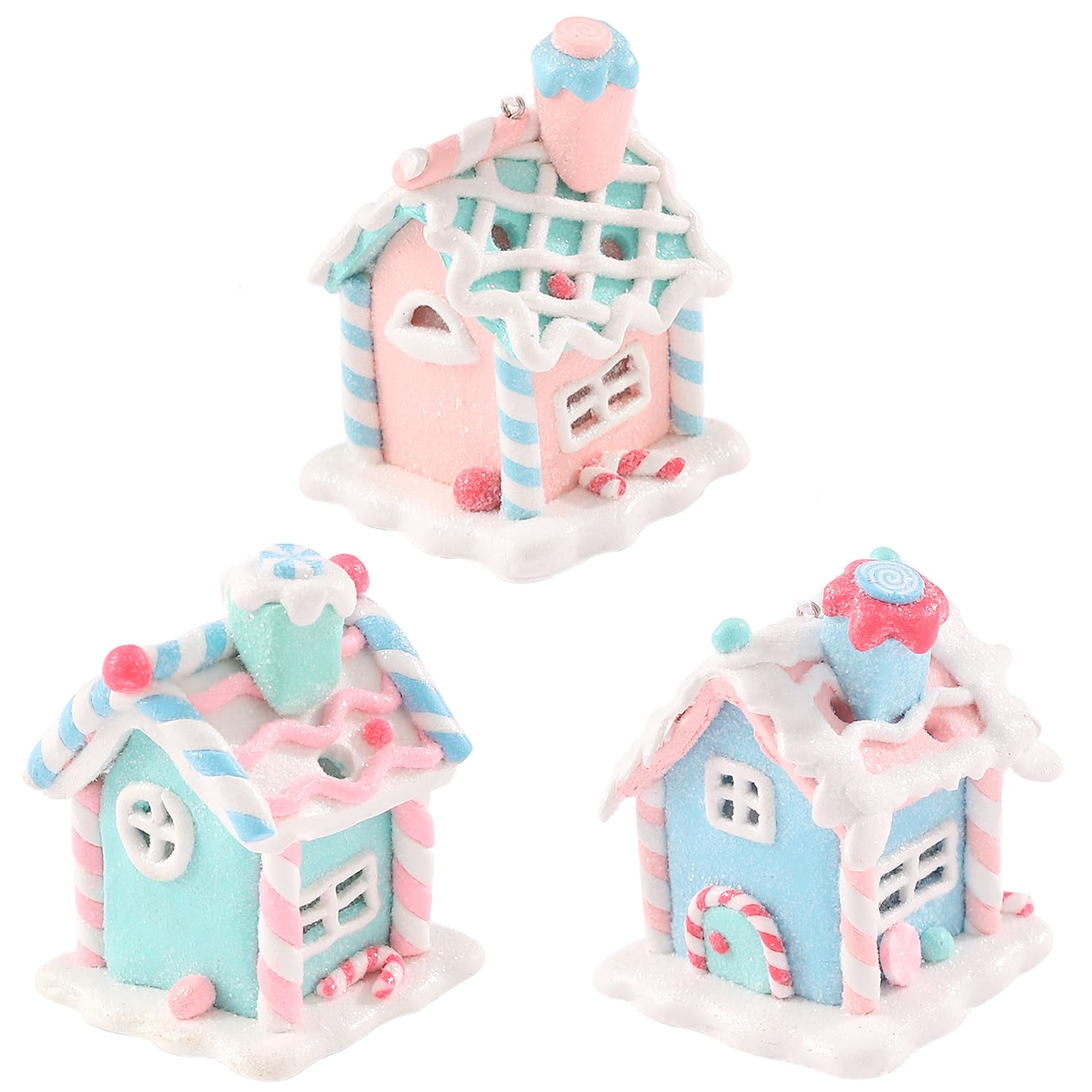 Photo 1 of 3Pcs Pastel Gingerbread House Ornaments for Christmas Tree Decorations Lighted LED Macaron Color Clay Hanging Candy House Ornament with Rope for Xmas Holiday Party Home Decoration