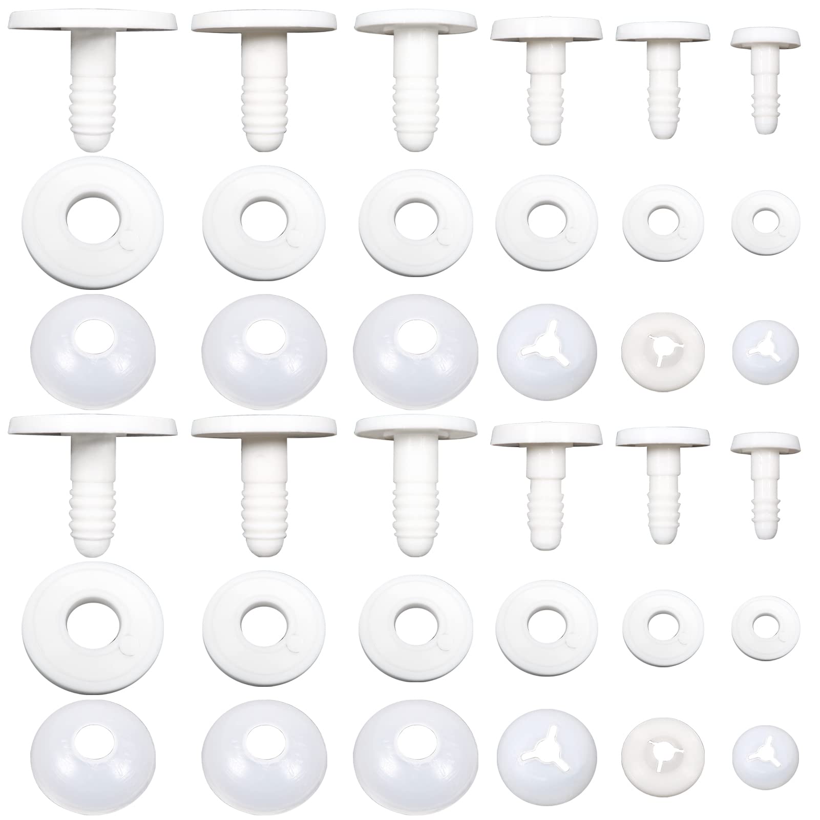 TOAOB 60 Sets of Jointed Joints White Plastic 15mm 20mm 25mm 30mm 35mm 40mm Animal Joints and Washers for Doll Arms Legs Limbs Heads