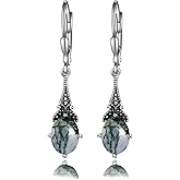 AOBOCO Vintage Earrings for Women Sterling Silver Retro Drop Dangle Leverback Earrings with 8x6mm Oval Genuine or Simulated Birthstone Crystal from Austria, Anniversary Jewelry Gifts for Her (Gift Box)