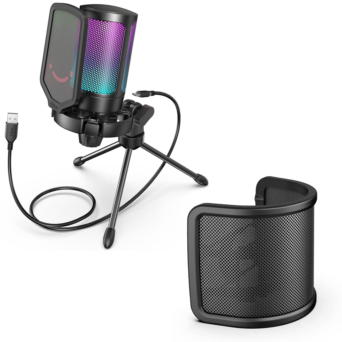FIFINE Gaming USB Condenser Microphone with Pop Filter Bundle, Quick Mute, RGB Indicator, Tripod Stand, Shock Mount, Gain Control for Streaming YouTube Videos (A6V+U1)