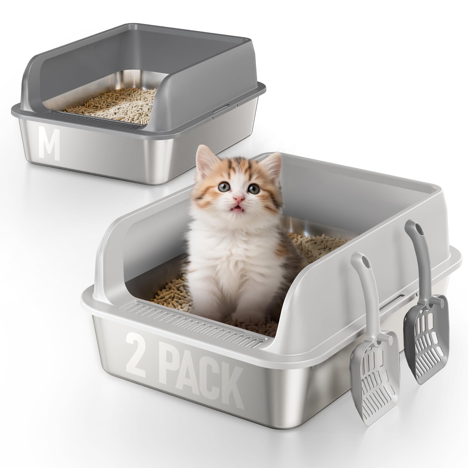 Photo 1 of 2 Pack Stainless Steel Cat Litter Box for Kitty with Lid, High Sides Metal Litter Pan for Kittens & Small Adult Cats, Odor Control, Easy to Clean, Non-Sticky, Scoops Included