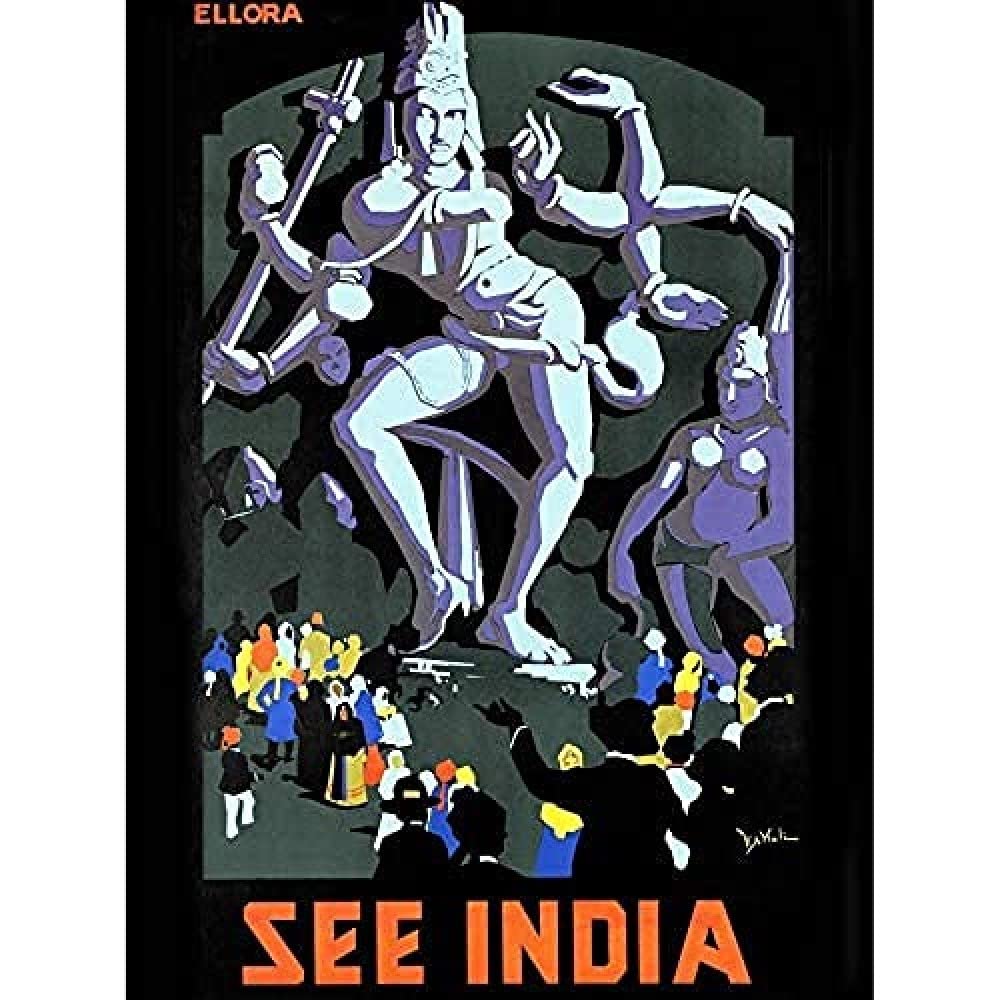 Ellora Caves India Dancing Shiva Statue Travel Advert Art Print Canvas Premium Wall Decor Poster Mural