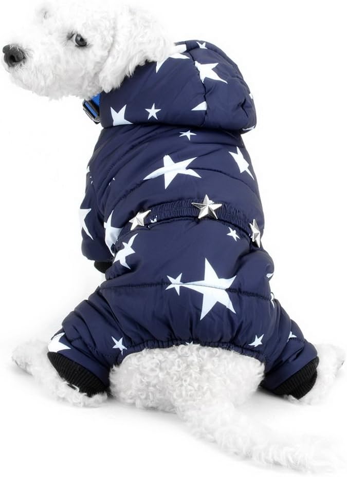 SELMAI Snowsuit for Small Dogs Fleece Lined Star Belt Hooded Jumpsuit Four-legs Pants Winter Coats Puppy Doggie Chihuahua Apparel Clothes Outfits Blue XXL - Image 3