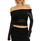 Women Casual Crop Tops, Solid Color Long Sleeve Off-Shoulder Mesh Pleated Sling Tops