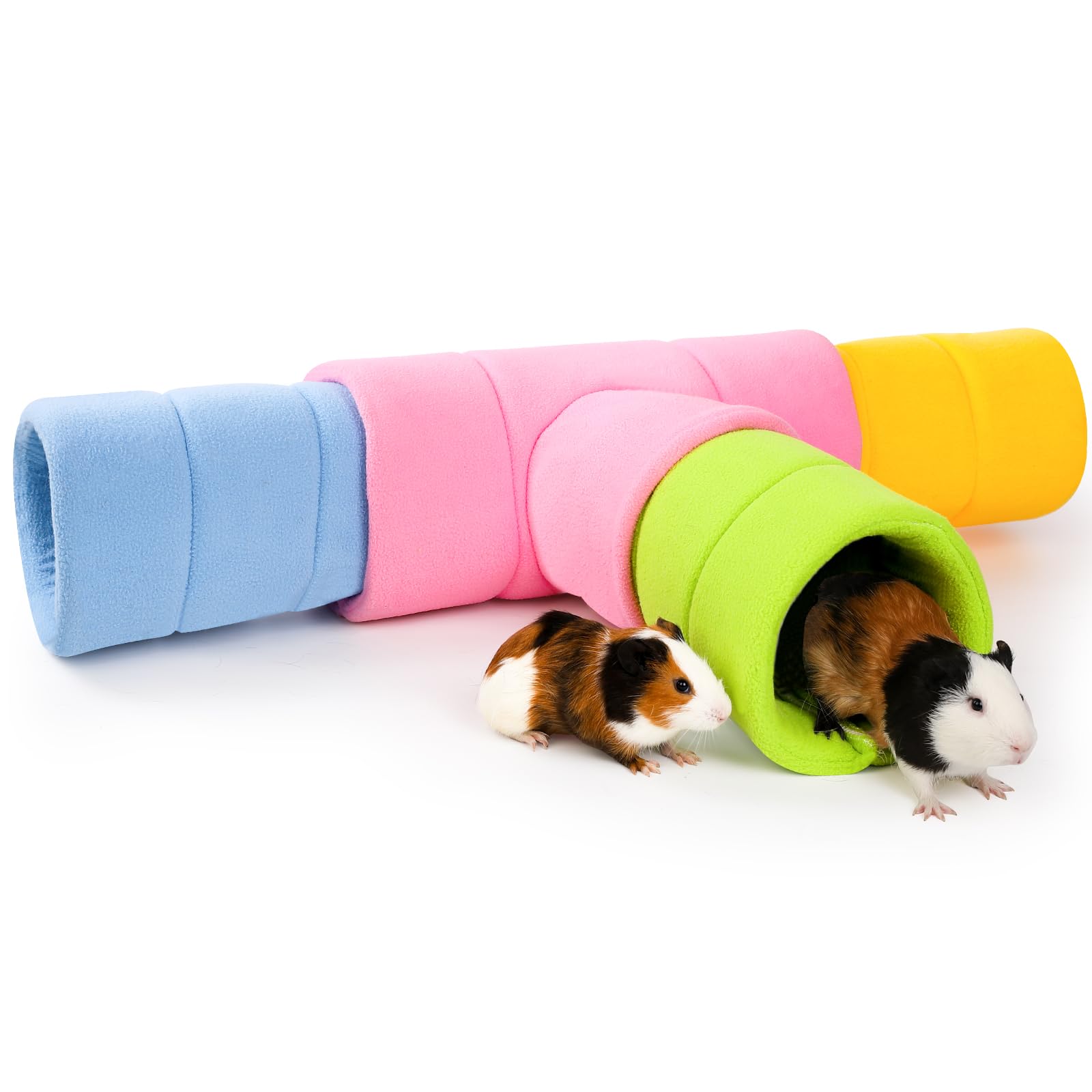 ONEJU Guinea Pig Tunnel, Four Stackable Tunnels for Guinea pig, One Pink 3-Way Tunnel and Three 2-Way Play Tube, Pink, Blue, Green and Yellow