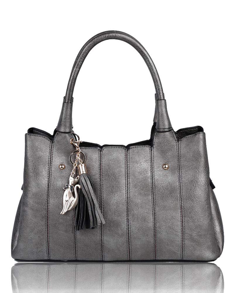 Foxlady Women's Fashionable Faux Leather Tassel + Golden Cat Charm Tote Shoulder Bag 32.5cm x 18cm x 13cm (Silver)