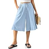 TARSE Women’s Linen Culottes Pants Flowy Wide Leg Drawstring Casual Summer Loose Elastic Waist Capri Pants with Pockets