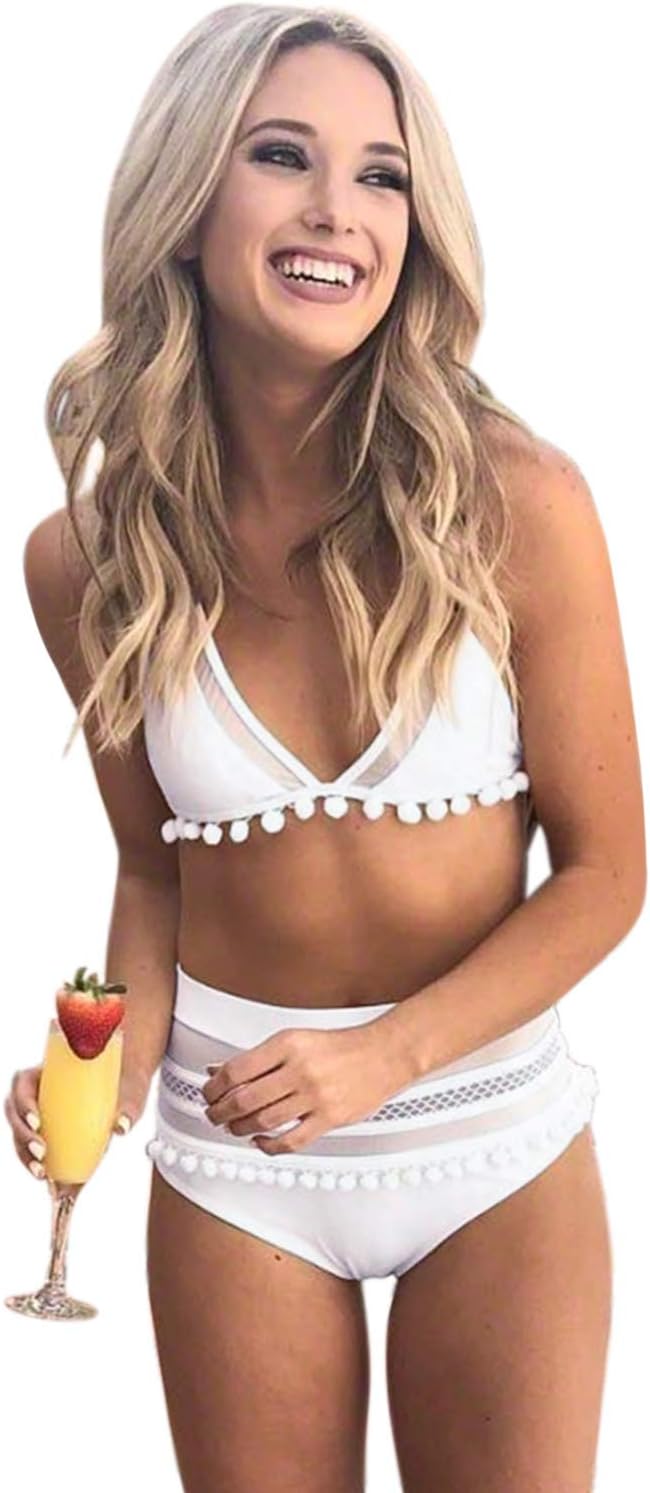 Women's High Waist Two Pieces Bikini Set Halter Straps Tassel Swimsuit