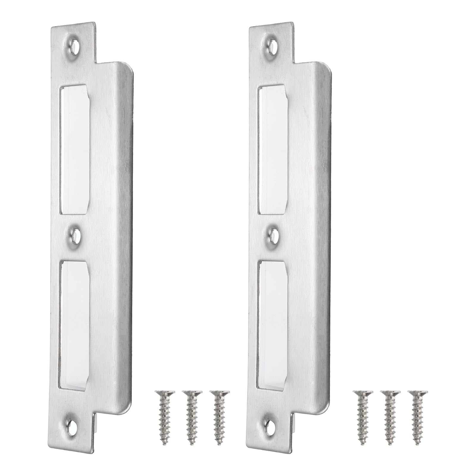 Photo 1 of uxcell Door Strike Plate, 2Pcs 155mm x 35mm 201 Stainless Steel Latch Deadbolt Strike Plate for Door Frame Door Jamb, Silver