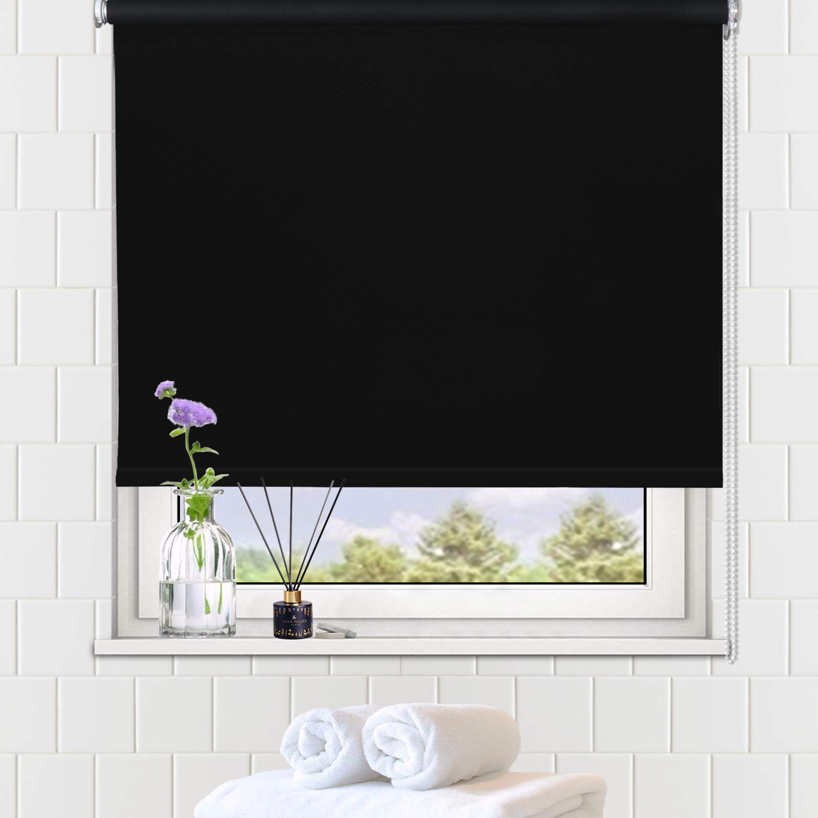 LUCKUP 100% Blackout Waterproof Fabric Window Roller Shades Blind, Thermal Insulated,UV Protection,for Bedrooms,Living Room,Bathroom,The Office, Easy to Install 69 x 183 cm(Black)