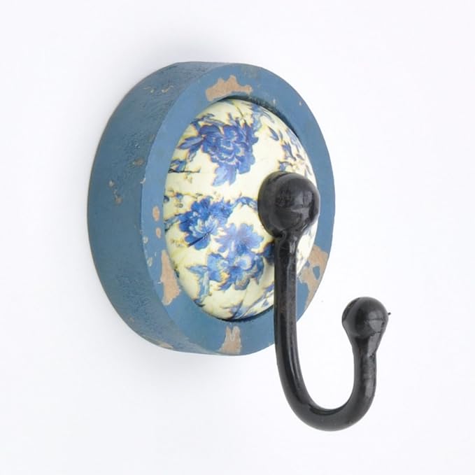 Blue Round Ceramic Wood & Metal Floral