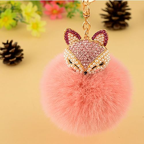 Amazon 丹尔曼蒂 自動車のキーホルダー女韓国手作り可愛い創意おじけづく絨の狐毛玉水晶ラインストーンアクセサリーポーチのペンダント ピンク キーホルダー チェーン