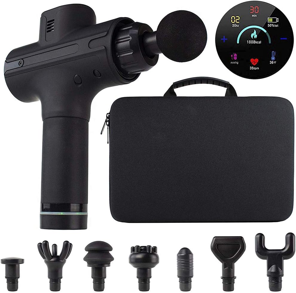 Handheld Deep Tissue Percussion Massage Gun for Muscle Relaxation & Pain Relief - Ultra Quiet with Long Battery Life & 8 Percussive Massage Heads - Measures Body Temp & Heart Rate - 9 Speed Vibration