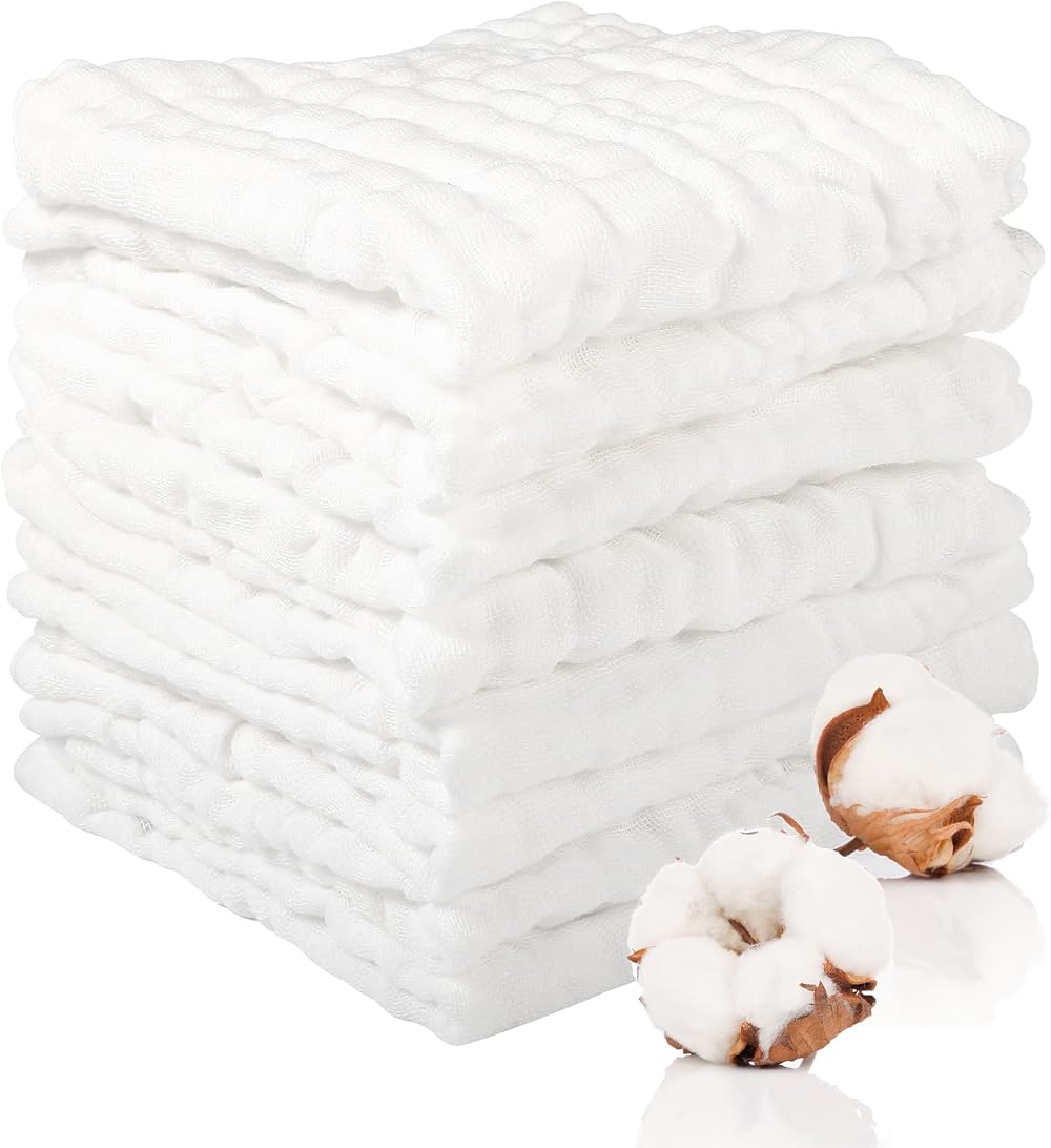 Lanjue 8 Pcs Muslin Cloths 12x12 Inch 6-Layer Baby Burp Cloths White