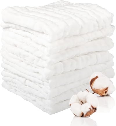 Lanjue 8 Pcs Muslin Cloths 12x12 Inch 6-Layer Baby Burp Cloths White