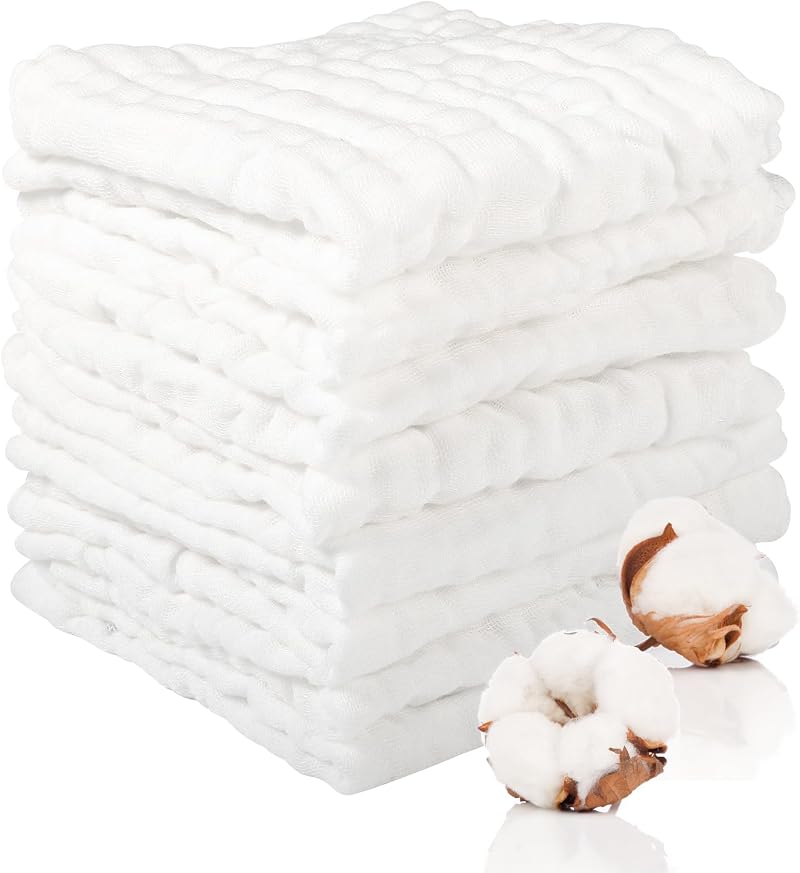 Lanjue 8 Pcs Muslin Cloths 12x12 Inch 6-Layer Baby Burp Cloths White