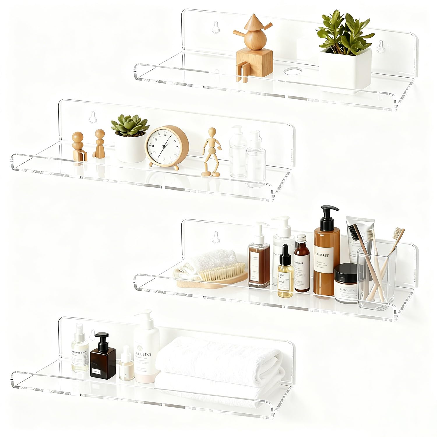 Photo 1 of cerbass 4-Pack Clear Acrylic Floating Shelves, Space-Saving Invisible Wall Shelves for Bathroom Kitchen Office Living Room, Modern Decor Set