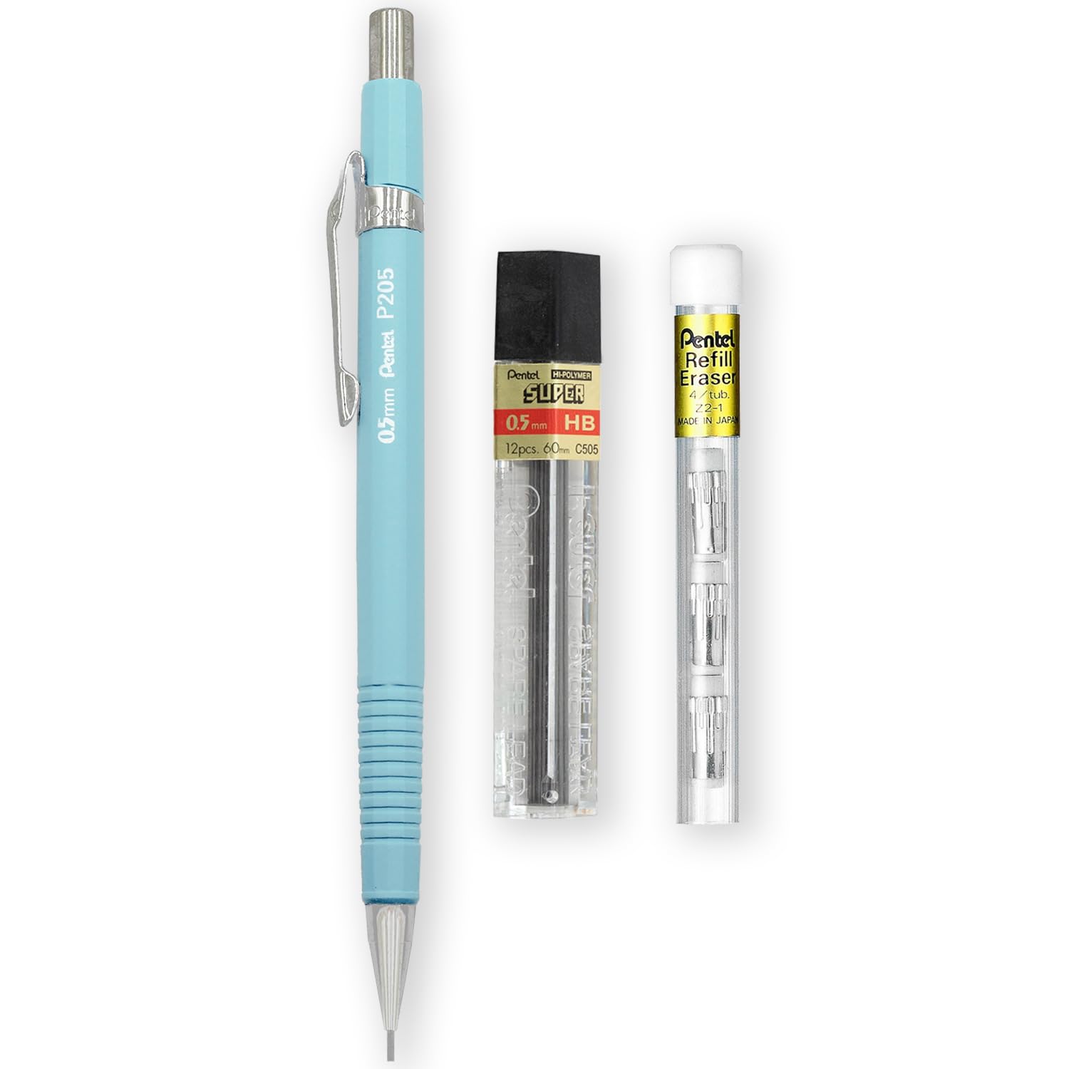 Pentel P205-97C Mechanical Automatic Pencil - Pastel Floral Range - Single + 12 Hi-Polymer HB 0.5mm Refill Leads + Z2-1N Eraser Refills Tube of 4 (Pastel Blue)
