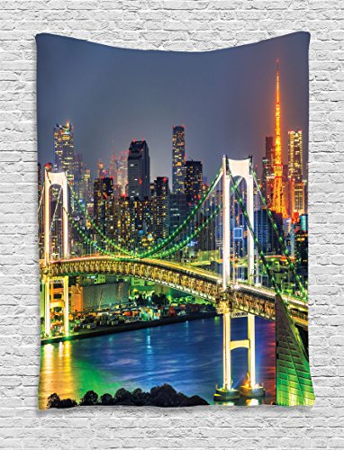 AmbesonneLandscape Tapestry, Tokyo Skyline with Tokyo Tower and Rainbow Bridge Tokyo Japan Night Scenery View, Wall Hanging for Bedroom Living Room Dorm Decor, 60" X 80", Green Night