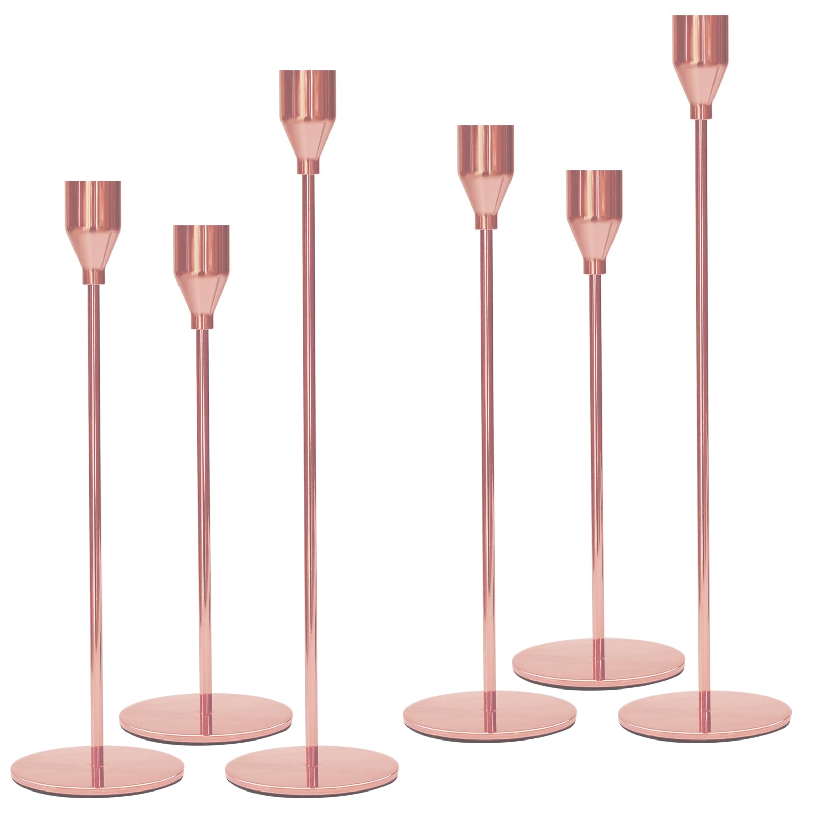 Set of 6 Rose Gold Candlestick Holder, Vintage Metal Tall Candle Stand in 3 Size Combination, 3/4 Inch Thick Candle, Dinner Candle Stands for Valentine Christmas Wedding Anniversary Living Party