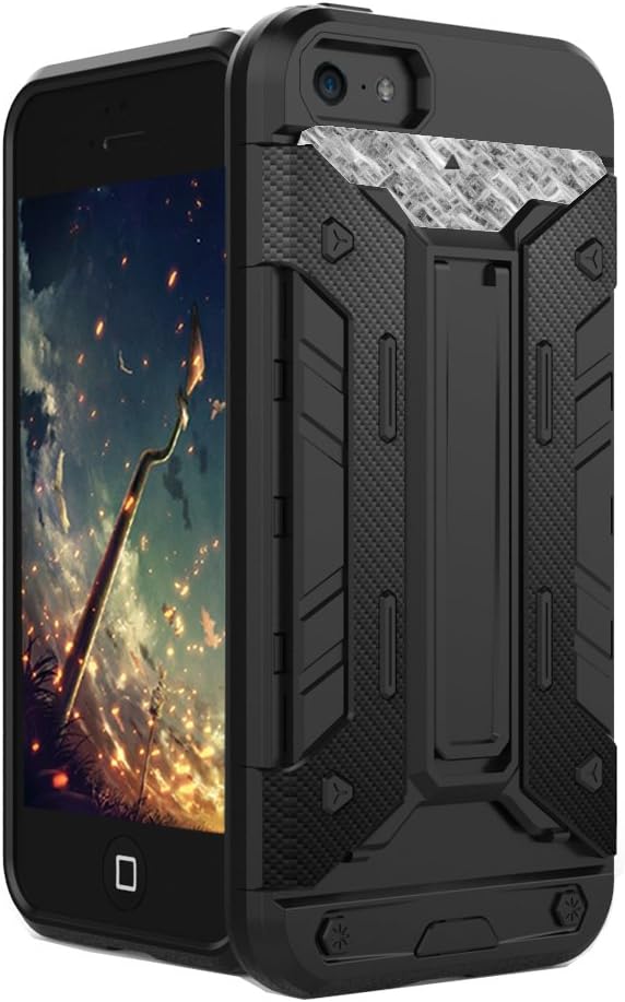 iPhone SE Case, iPhone 5/5S Case, EXSEK Durable Combo Heavy Duty Defender Shockproof Sturdy Case Cover + Card Slot Holder + Kickstand for iPhone 5 5S SE