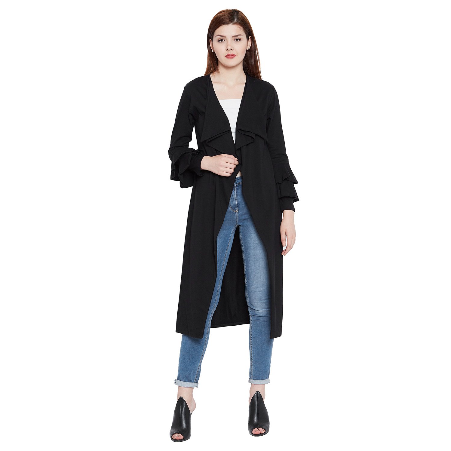hypernation black color cotton long shrug for women(hypw02201)
