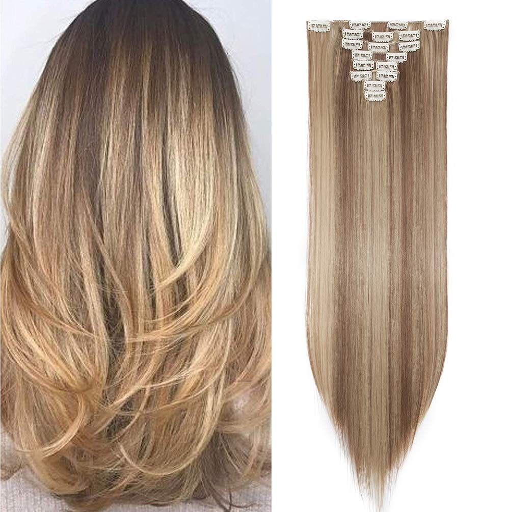 26" Long Straight Clip in Hair Extensions Full Head 8Pcs 18Clips Ombre Colorful Synthetic Hair Clip in Hairpiece Light Brown mix Ash Blonde