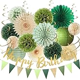 Olive Sage Green Birthday Decorations Sage Green Champagne Gold Party Decorations Paper Fans Pom Poms Lanterns Happy Birthday Banner Triangle Flags Garland for Women Girls Boys Men