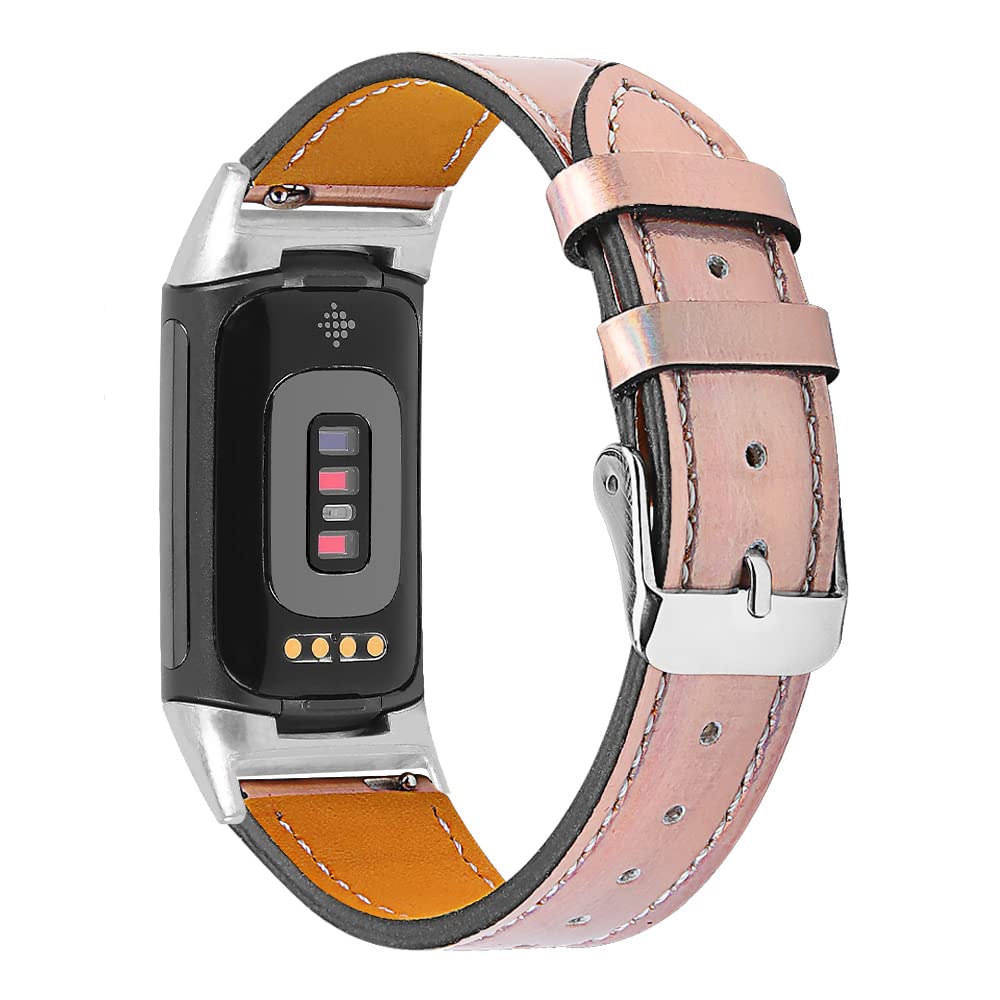 AISPORTS Leather Strap Compatible for Fitbit Charge 6/Charge 5 Strap for Women Men, Soft Breathable Leather Sport Wristband Metal Buckle Clasp Bracelet Replacement Band for Fitbit Charge 6/5