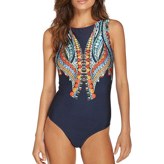 Damen Bikini Set Einteiler Print Schlüsselloch Mesh Halfter Plunge Geraffte Monokini Badeanzüge - Frauen Badeanzüge Beachwear Boho Strandmode