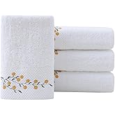 Pidada Hand Towels Set of 4 Embroidered Floral Pattern 100% Cotton Absorbent Soft Decorative Towel for Bathroom (White Pattern 4)