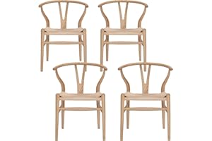 VODUR Wishbone Chair Natural Solid Wood Dining Chair/Hans Vegner Y Chair Rattan and Wood Accent Armrest Chair (Ash Wood + Natural Wood Color - 4 Chairs)