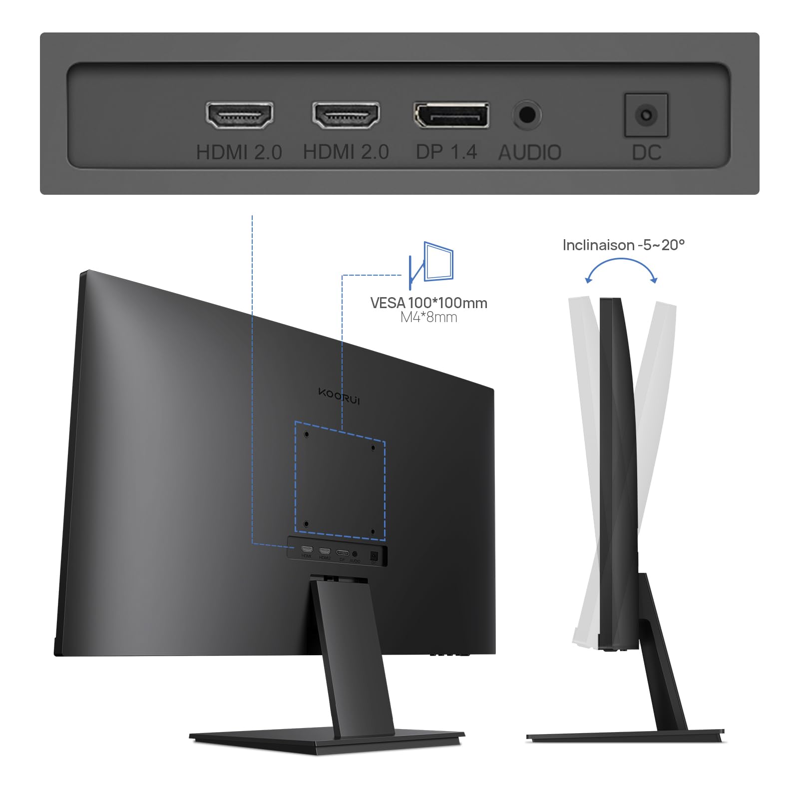 KOORUI Monitor 27 Zoll, 4K PC Bildschirm UHD(3840x2160), IPS, 4ms, 60Hz, 2X HDMI 2.0 & DisplayPort 1.4, Adpitive Sync, HDR10, VESA 100x100mm, 90% DCI-P3, Eye Care, N07 5