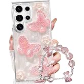 Changjia for Samsung Galaxy S26 Ultra Glitter Butterfly Case,Cute Girly 3D Flowers Floral Pearl Bling Sparkle with Wrist Strap Chain Soft TPU Aesthetic Women Girls Phone Case for Galaxy S26 Ultra,Pink