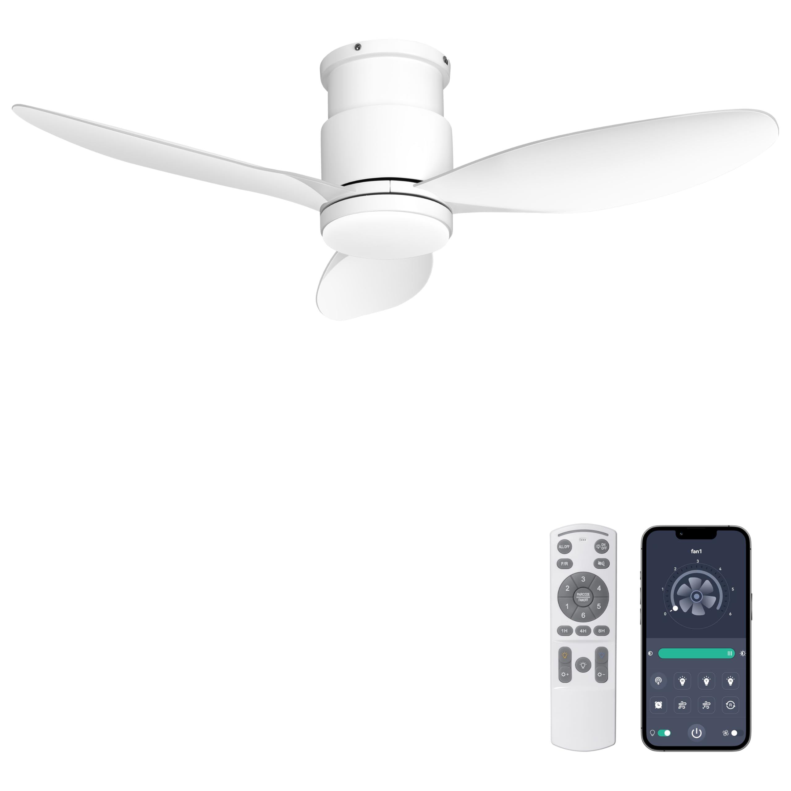 Photo 1 of Ohniyou 42'' Flush Mount Ceiling Fans with Lights, Remote/App Control, Dimmable, Silent Indoor/Outdoor Ceiling Fan for Porch, Bedroom, Kitchen, White