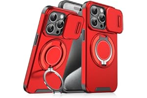 GENERIC Case with Slide Camera Cover & Rotatable Ring Kickstand, Military - Grade Shockproof Protective Case for iPhone 11/12/13/14/15/16/17 Series (Red,for iPhone 16 Pro Max)