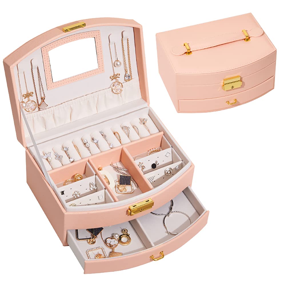 FANDOL Jewelry Box,Portable Travel Jewelry Box with Lockable Earrings Necklaces Bracelets Storage Box Gifts for Girls and Ladies (Pink)