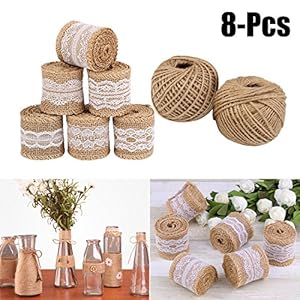 Outgeek Rollos de Cinta de arpillera Natural, 236 Pulgadas de Cinta de arpillera con Encaje Blanco y 328 pies de Cuerda de Yute para Decoraciones de Boda rústicas Hechas a Mano, 8 Rollos