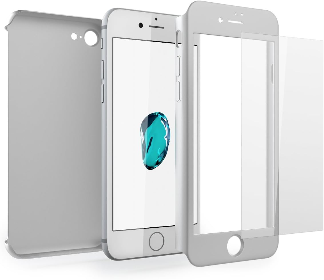 360 iPhone 7 Case - Ultra-Thin Full Body Protective Cover for iPhone 7 with Tempered Glass Screen Protector – Hard and Slim Fit Case for Apple iPhone 7 (Silver)