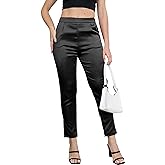 Yehopere Women's Tapered Satin Pants Elastic Waist Business Work Casual Ankle Cropped Shiny Pants with Pockets