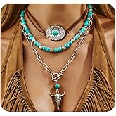 Twentylo Western Necklace for Women Cowboy Cowgirl Turquoise Tassel Stackable Necklaces Set Vintage Country Concert Outfit Jewelry