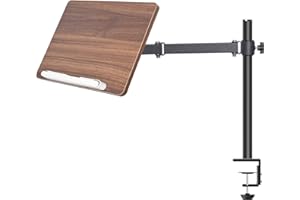 WISHACC Adjustable Book Stand with Desk Clamp Mount, Wooden Reading Holder with Metal Arm, Black
