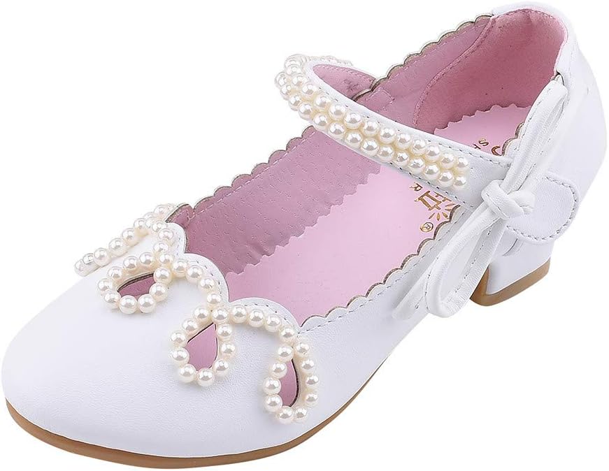 Toddler Sandals FAPIZI Baby Kids Girls Pearl Square Heel Leather Bow Shoes Single Princess Shoes White