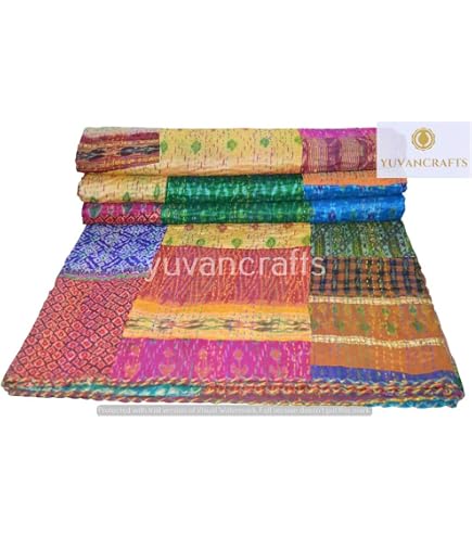 Couvre-lit Indien Kantha Brodé Main - Coton Imprimé Floral Oiseaux, Réversible, Taille Queen - 9