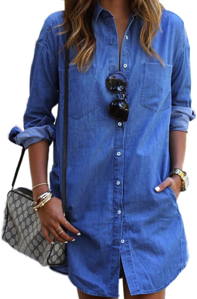 LISASTOR Womens Vintage Long Sleeve Blue Jean Denim Long Tunic Tops Blouse Denim Shift Dress