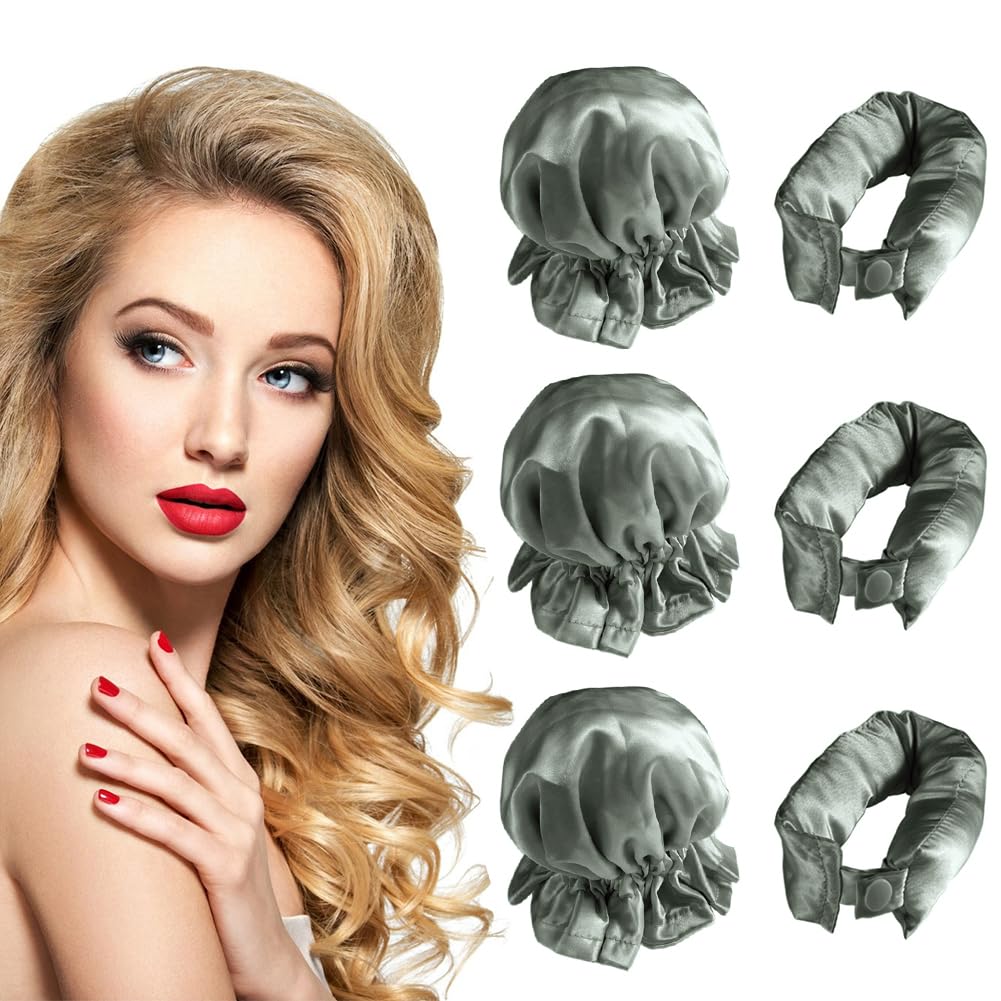 NuAngela Heatless Hair Curlers, 6Pcs Satin No Heat Curling Set, Headband & Cap for All Hair Types, DIY Overnight Curls