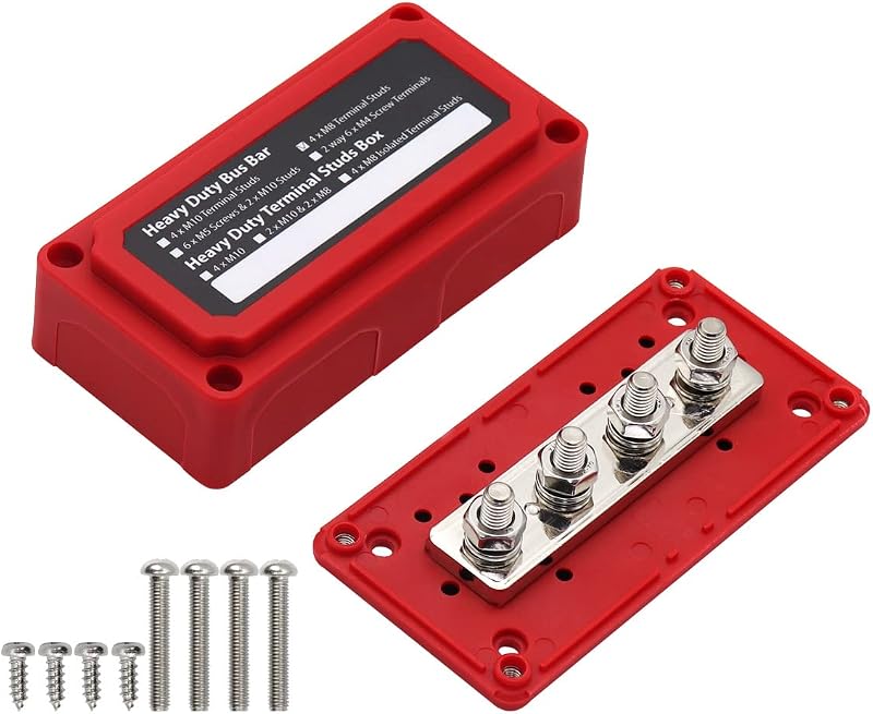 Tiardey 300A Red Bus Bar Power Distribution Block 4x M8 Studs 12-48V DC Marine