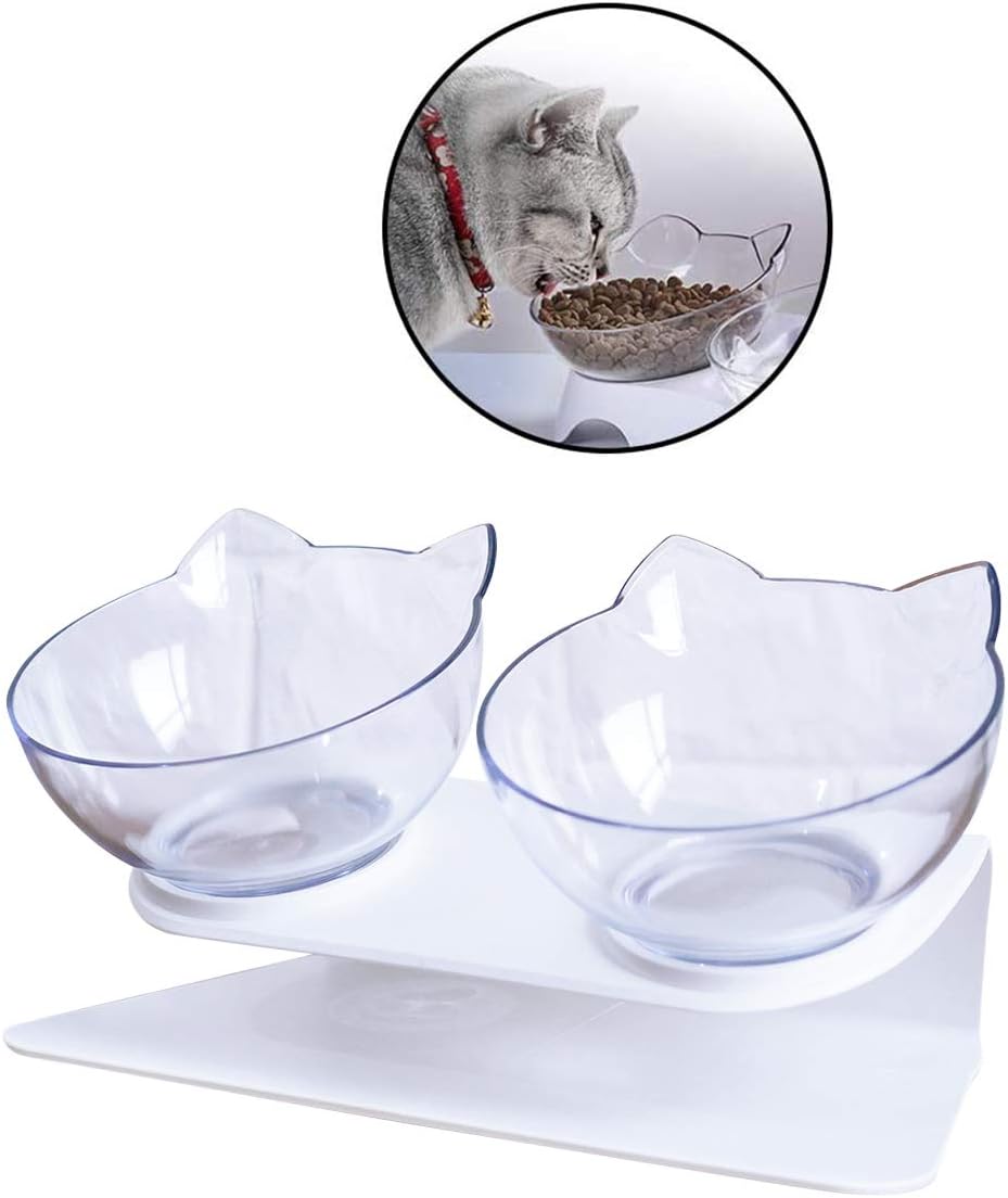 ODOLDI Double Cat Bowl with 15° Tilted Raised Stand, Reduce Neck Pain for Cats and Small Dogs