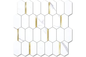 Vamos Tile Long Hexagon Peel and Stick Backsplash Tile - 10 Sheets Stick on Backsplash for Kitchen and Bathroom 12.4 x 12 Inch White Marble Look PVC Mixed Metal Gold Self Adhesive Mosaic Wall Tiles